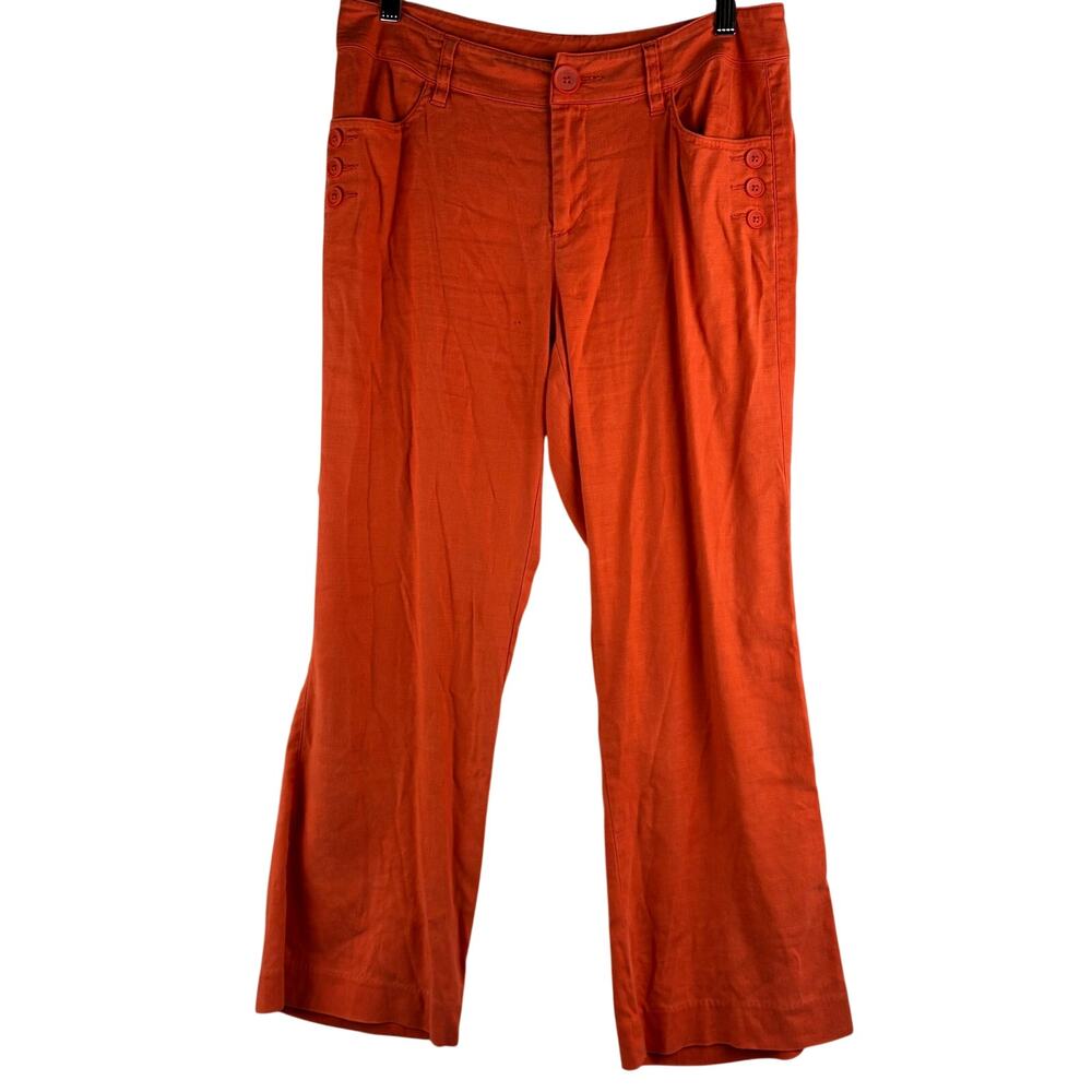 Cabi Linen Blend Trouser Pants Womens 4 Orange Accent Buttons Career Coast Artsy